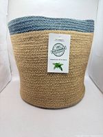 Front view of jute basket showing tag