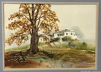 Full view of painting showing tree and house, signature visible