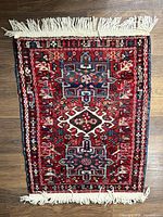 Full view of rug showing design, size and fringe