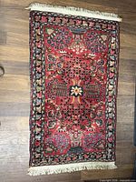 Full view of rug on wood floor showing entire design and fringe