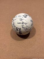 Overall view of white lacrosse ball showing several signatures