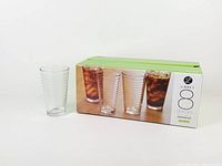 Box showing Libbey Hoops 8-glass set and one glass standing