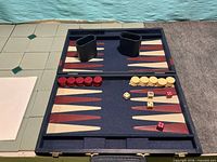 open backgammon board showing checkers, dice cups, dice