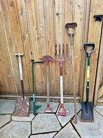 All six garden tools lined up for overview