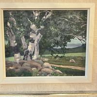 Front view of framed oil painting showing landscape subject and frame details