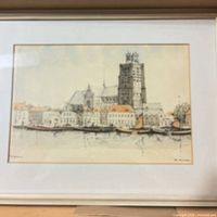 Full view of framed cityscape print showing frame, mat and image