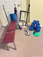 Full lot showing bench, dumbbell rack, pull-up frame, push-up handles, resistance bands, mat