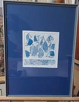 Full view of framed etching with mat and frame