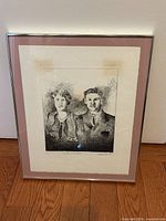 Full view of framed etching with mat and frame