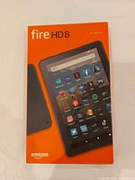 Front of sealed Amazon Fire HD 8 tablet box showing device image and branding