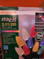 Retail box showing Sylvania Stay-Lit Platinum 2×100 LED C6 multicolour lights