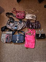 All eight handbags arranged on floor for full view of styles, colours and condition