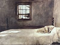 Close view of print image showing bed, dog and window