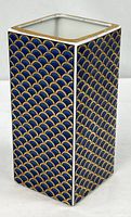 full view of square blue and gold fish scale porcelain vase