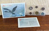Front view of complete set with envelope, information card and coins