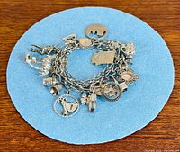 Full view of sterling charm bracelet on blue felt