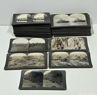 Stacked and spread Keystone stereoview cards showing military and rural scenes