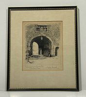 Full view of framed etching showing artwork, mat and frame