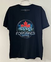 Full front view of black Foreigner Cold As Ice Canada Tour 2019 T-shirt