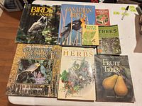 All nine books laid out on table, titles visible