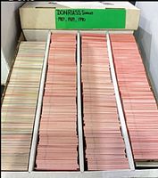 open card storage box showing three rows of bulk Donruss baseball cards