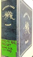 Spine and front cover of blue Hockey Card Album binder with handwritten label noting 1990-91 NHL Pro Set Series I & II (1-705)