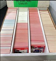 Full view of three-row card storage box filled with 1991 Score hockey cards