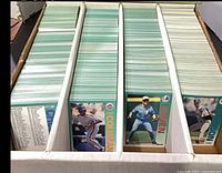 Cardboard storage box filled with rows of 1992 Fleer baseball cards