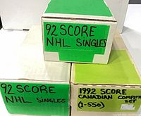 Three labeled card storage boxes for 1992 Score Canadian cards