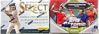 Front view of Panini Select 2022 Baseball and Topps Chrome Tennis 2024 boxes, showing factory seals