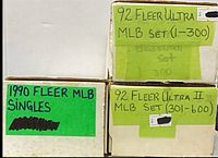 Three labeled storage boxes: 1990 Fleer MLB Singles, 92 Fleer Ultra MLB Set (1-300), 92 Fleer Ultra II MLB Set (301-600)