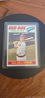 Front of 1977 Topps Fred Lynn card in protective holder