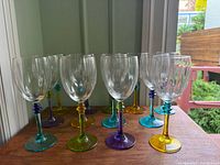 Front view showing multicolor stem wine glasses