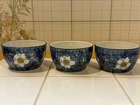 Front view of all three matching blue floral bowls