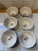 Top view showing all six bowls interior floral motif