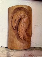 Full view of wooden plaque with carved toucan