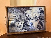 Front view showing full six-tile scene in oak frame