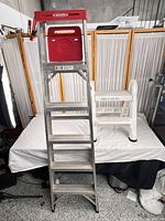 Full view of Werner ladder front with step stool behind