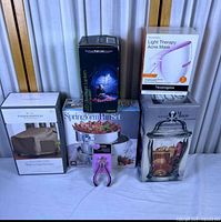 All six boxed items arranged together