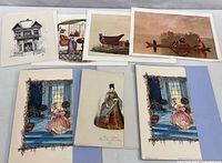 Assorted prints laid out showing architecture, interior, canoe, Tudor prints, costume study