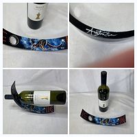 Collage showing bottle holder from multiple angles with wine bottle for scale