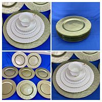 Stack of gold hammered-glass charger plates