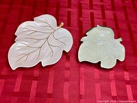 Top view of both Carlton Ware leaf dishes showing colors, shape, surface condition