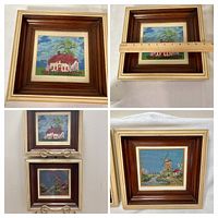 Collage view of both framed needlepoints with measurement reference