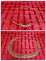 Both belts shown: top slim belt with ring detail, bottom ornate fringe belt