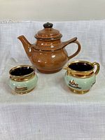 Overall view: Franciscan brown teapot, Denby cream and sugar