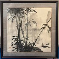 Full view of framed Chinese ink bamboo painting