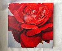 Front view showing entire red rose painting on square canvas