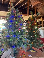 Two lit artificial Christmas trees on table showing size and lights