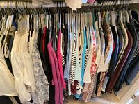 Full closet section of assorted tops on hangers